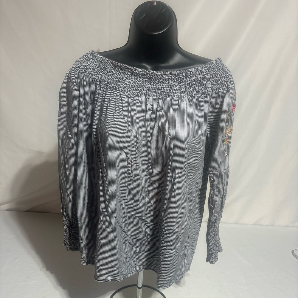 Miss Lili Blue & White Pinstripe Embroidered Off -The Shoulder Top Size: Medium